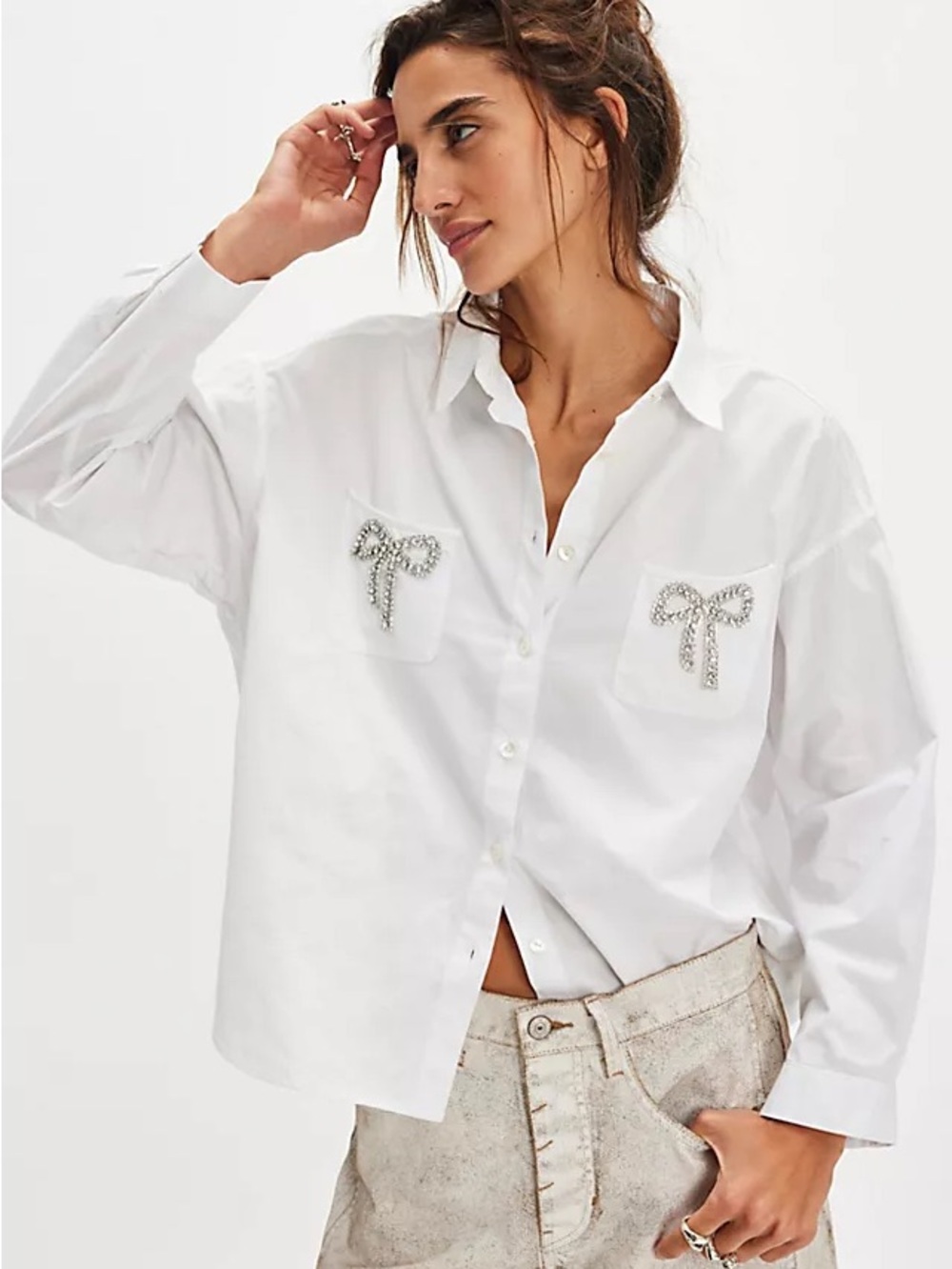 Nigel Preston For Free People Embellished Bow Button Down Shirt (Sold out item)